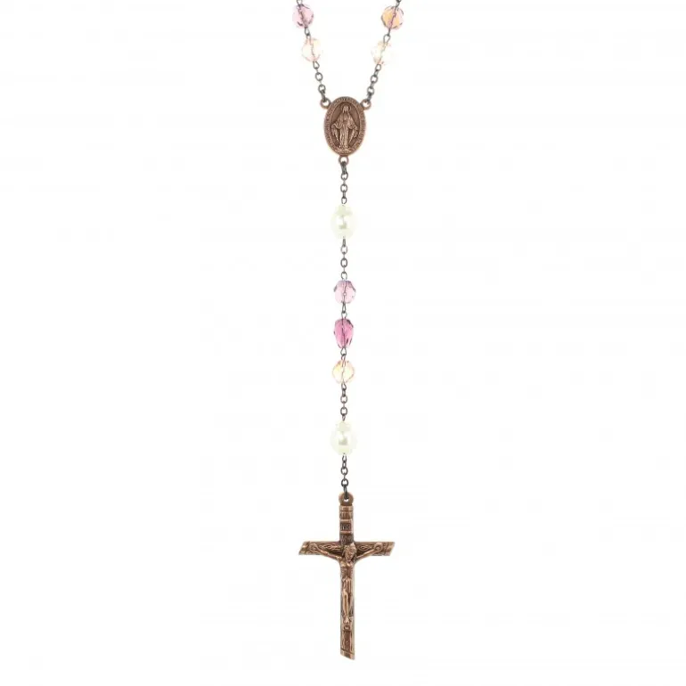 Palais du Rosaire Chapelet en verre tons violets avec coeur Vierge Miraculeuse et perles blanches^ Chapelet De La Vierge Miraculeuse | Chapelet Verre