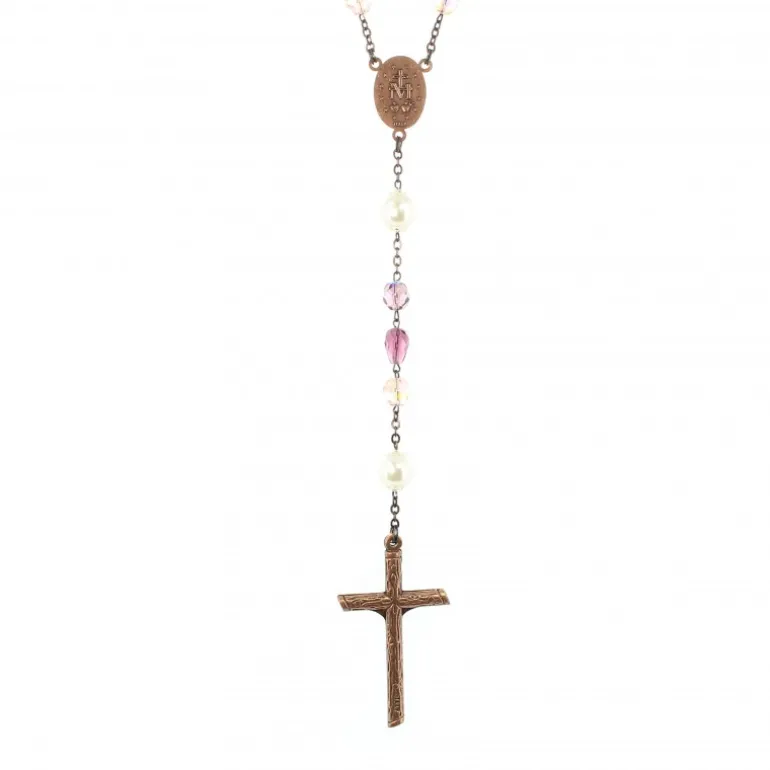 Palais du Rosaire Chapelet en verre tons violets avec coeur Vierge Miraculeuse et perles blanches^ Chapelet De La Vierge Miraculeuse | Chapelet Verre