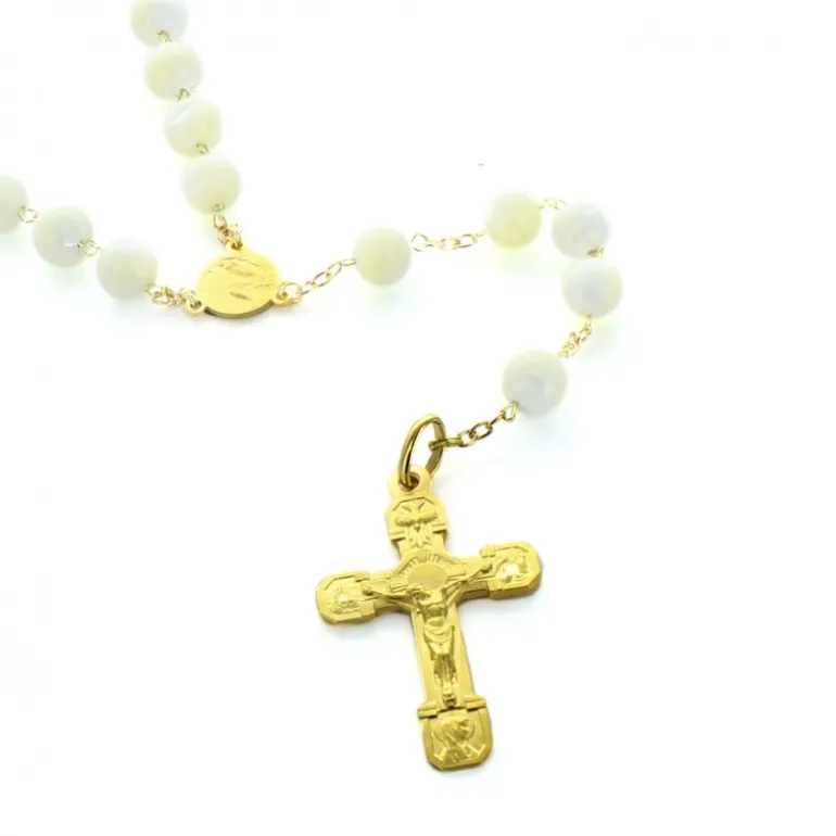 Palais du Rosaire Chapelet plaqué or avec grains de nacre^ Chapelet De Lourdes | Chapelet Nacre