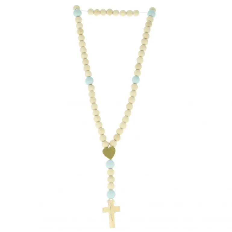 Palais du Rosaire Chapelet pour enfant en bois blanc et coeur doré et paters bleu ciel^ Chapelet Corde | Chapelet Bois