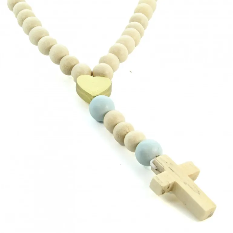 Palais du Rosaire Chapelet pour enfant en bois blanc et coeur doré et paters bleu ciel^ Chapelet Corde | Chapelet Bois