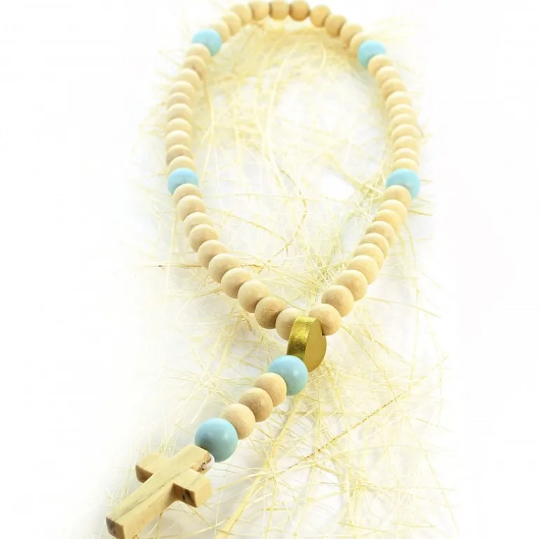 Palais du Rosaire Chapelet pour enfant en bois blanc et coeur doré et paters bleu ciel^ Chapelet Corde | Chapelet Bois