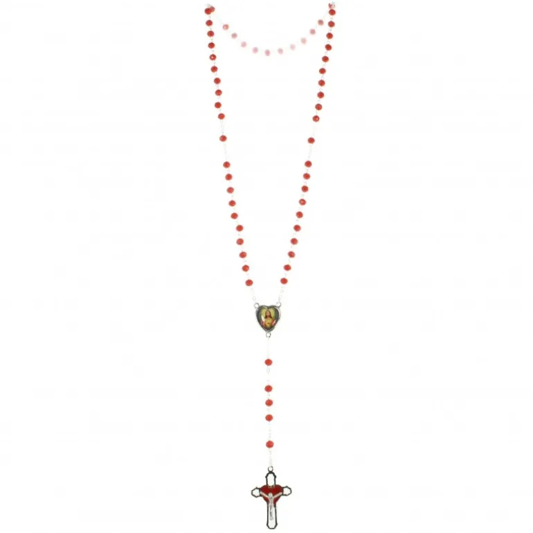 Palais du Rosaire Chapelet Sacré Coeur de Jésus en verre rouge 5 dizaines avec sa boite illustrée^ Chapelet Verre