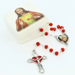 Palais du Rosaire Chapelet Sacré Coeur de Jésus en verre rouge 5 dizaines avec sa boite illustrée^ Chapelet Verre
