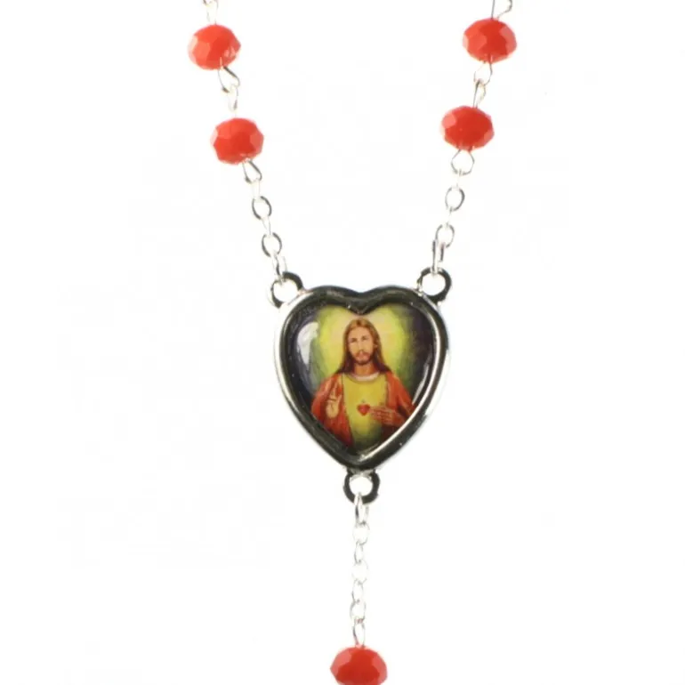 Palais du Rosaire Chapelet Sacré Coeur de Jésus en verre rouge 5 dizaines avec sa boite illustrée^ Chapelet Verre