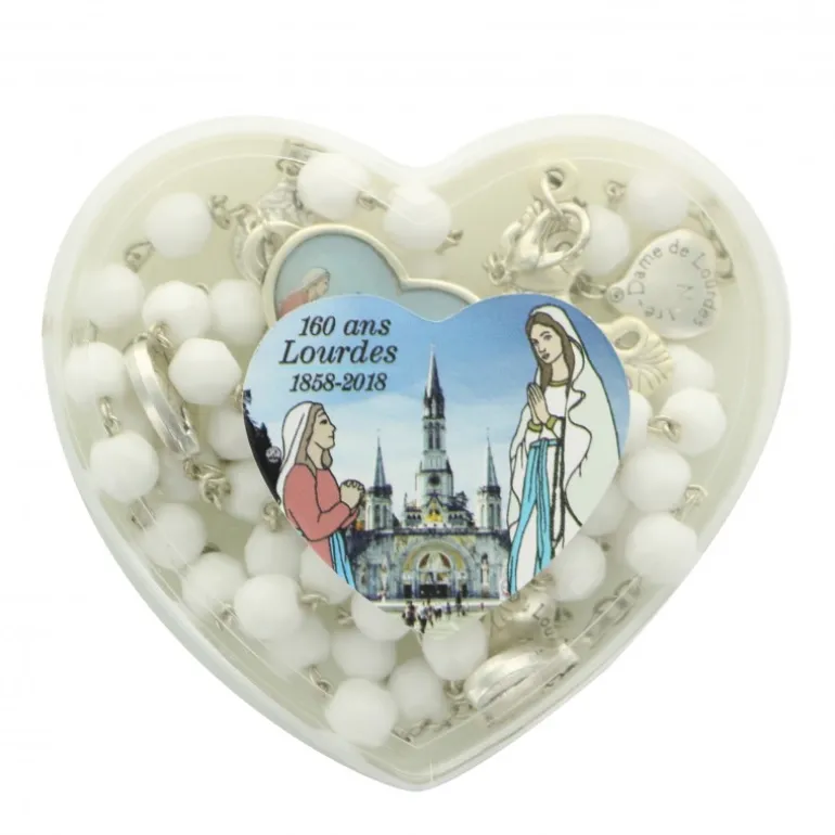 Palais du Rosaire Chapelet souvenir des 160 ans de Lourdes en verre blanc en boite^ Chapelet Verre | Chapelet De Lourdes