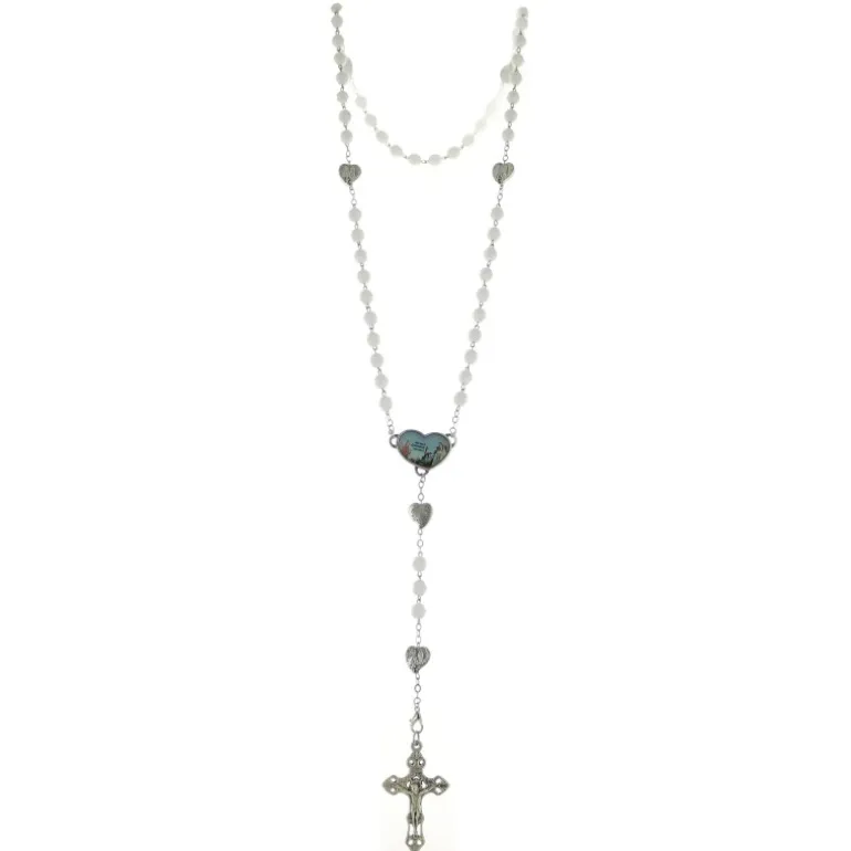 Palais du Rosaire Chapelet souvenir des 160 ans de Lourdes en verre blanc en boite^ Chapelet Verre | Chapelet De Lourdes