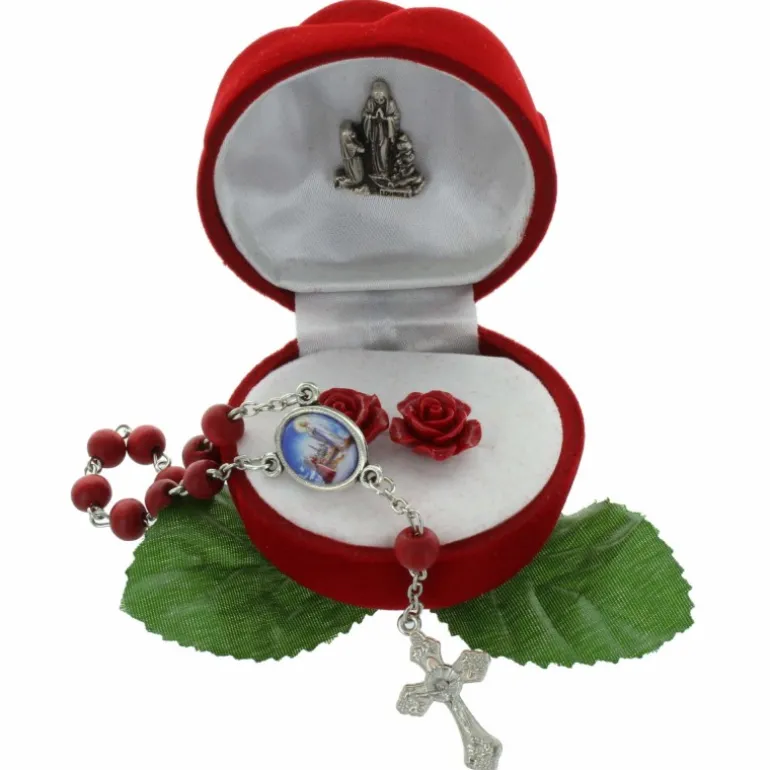 Palais du Rosaire Coffret en velours et Apparition de Lourdes, roses et dizainier^ Crèche