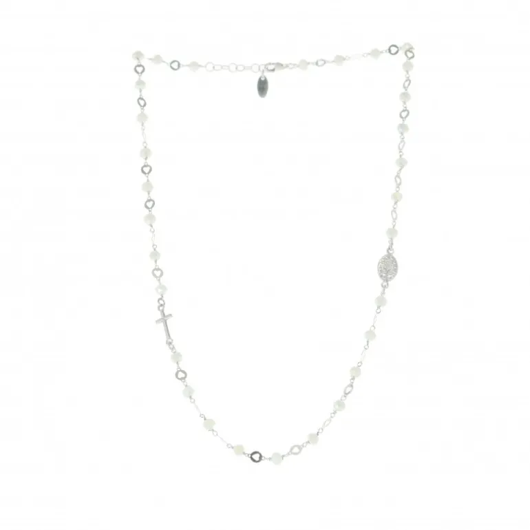Palais du Rosaire Collier blanc en argent avec perles en verre, croix argent et Miraculeuse^ Collier En Argent