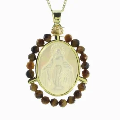 Palais du Rosaire Collier de la Vierge Miraculeuse doré entouré de pierres Oeil de Tigre^ Collier Fantaisie