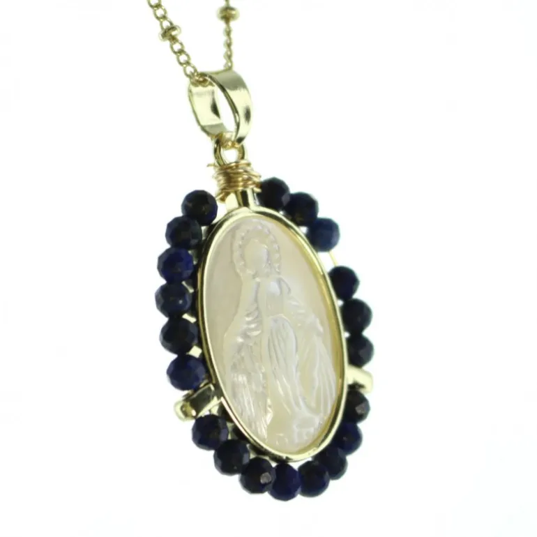 Palais du Rosaire Collier de la Vierge Miraculeuse doré entouré de pierres Lapis Lazuli^ Collier Fantaisie