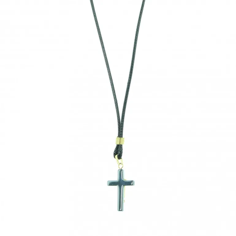 Palais du Rosaire Collier en corde avec croix en hématite et Christ doré^ Collier Fantaisie