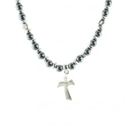Palais du Rosaire Collier hématite et croix Tau^ Collier Fantaisie