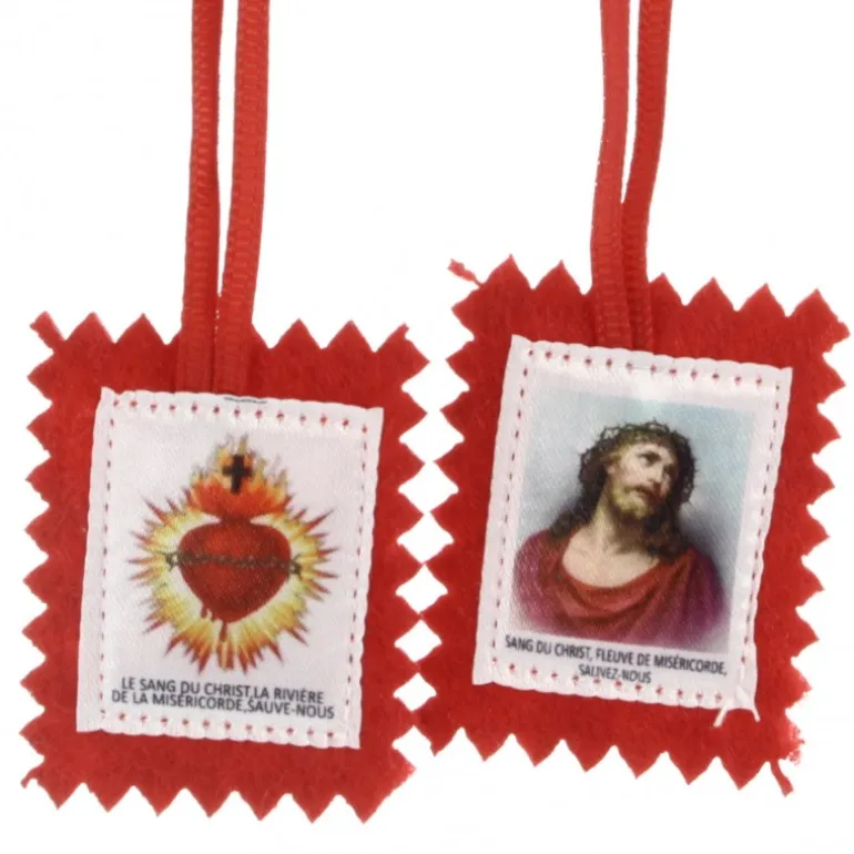 Palais du Rosaire Collier scapulaire du Précieux Sang en tissu avec explication et prière^ Collier Scapulaire