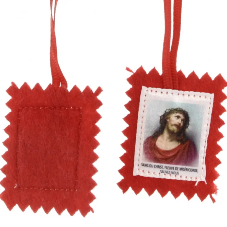 Palais du Rosaire Collier scapulaire du Précieux Sang en tissu avec explication et prière^ Collier Scapulaire