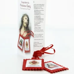 Palais du Rosaire Collier scapulaire du Précieux Sang en tissu avec explication et prière^ Collier Scapulaire