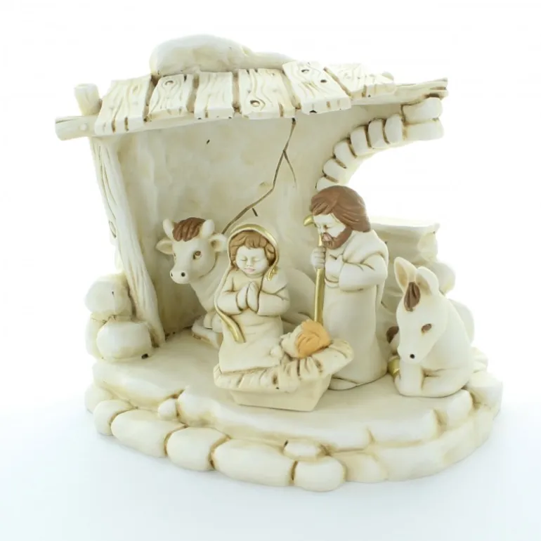 Palais du Rosaire Crèche blanche et dorée en résine 18 cm^ Décoration De Noël | Crèche
