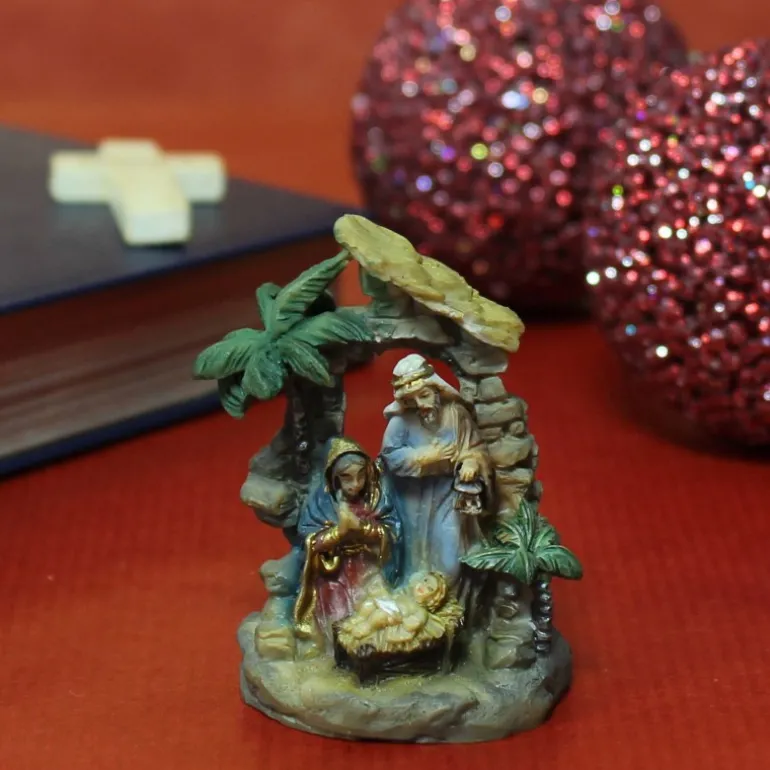 Palais du Rosaire Crèche de la Sainte Famille avec un palmier - Résine - 5cm^ Crèche