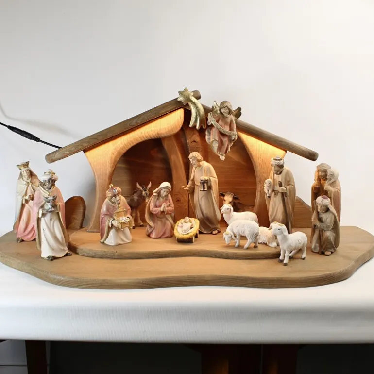 Palais du Rosaire Crèche en bois 19 pièces éclairage LED 13 cm^ Crèche