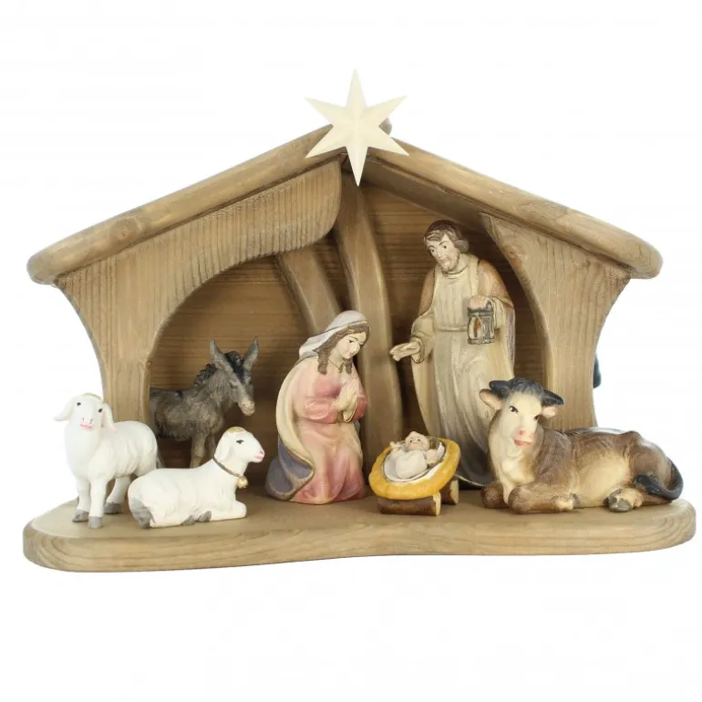 Palais du Rosaire Crèche en bois de 15 cm et 9 pièces éclairage LED^ Crèche | Statue En Bois