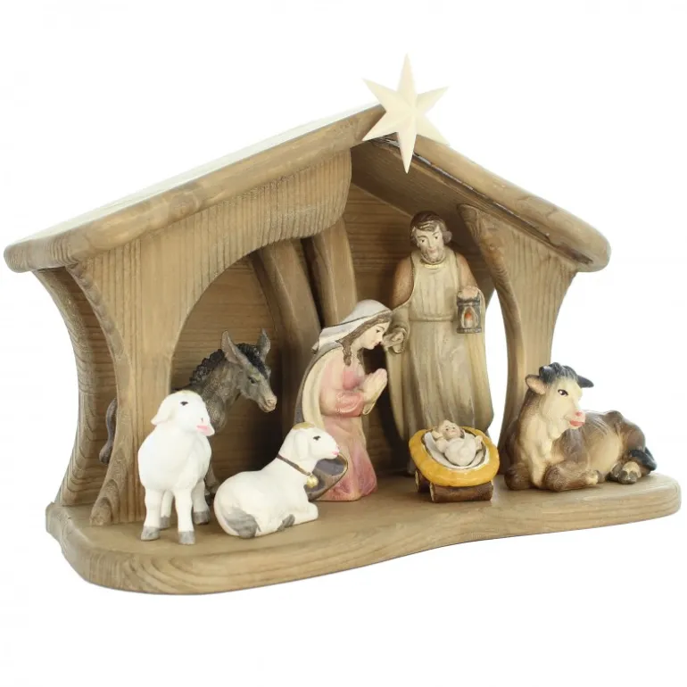 Palais du Rosaire Crèche en bois de 15 cm et 9 pièces éclairage LED^ Crèche | Statue En Bois