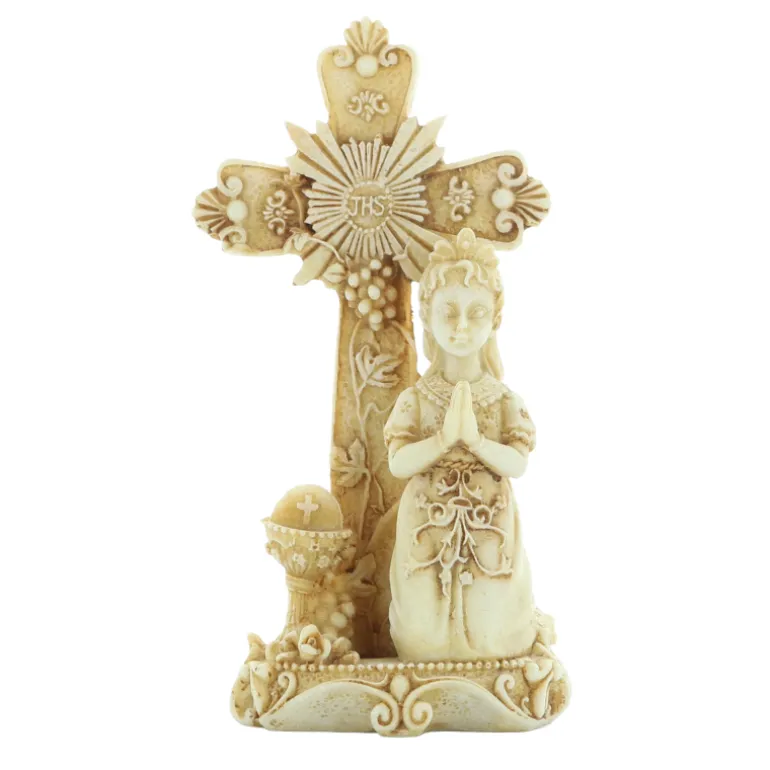Palais du Rosaire Croix à poser avec'un ange en pierre et résine 12cm^ Crucifix Résine | Statue Ange