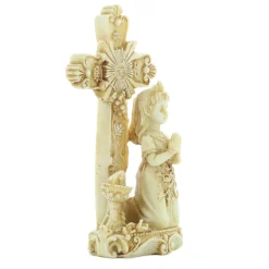 Palais du Rosaire Croix à poser avec'un ange en pierre et résine 12cm^ Crucifix Résine | Statue Ange