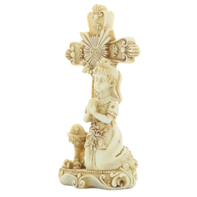 Palais du Rosaire Croix à poser avec'un ange en pierre et résine 12cm^ Crucifix Résine | Statue Ange