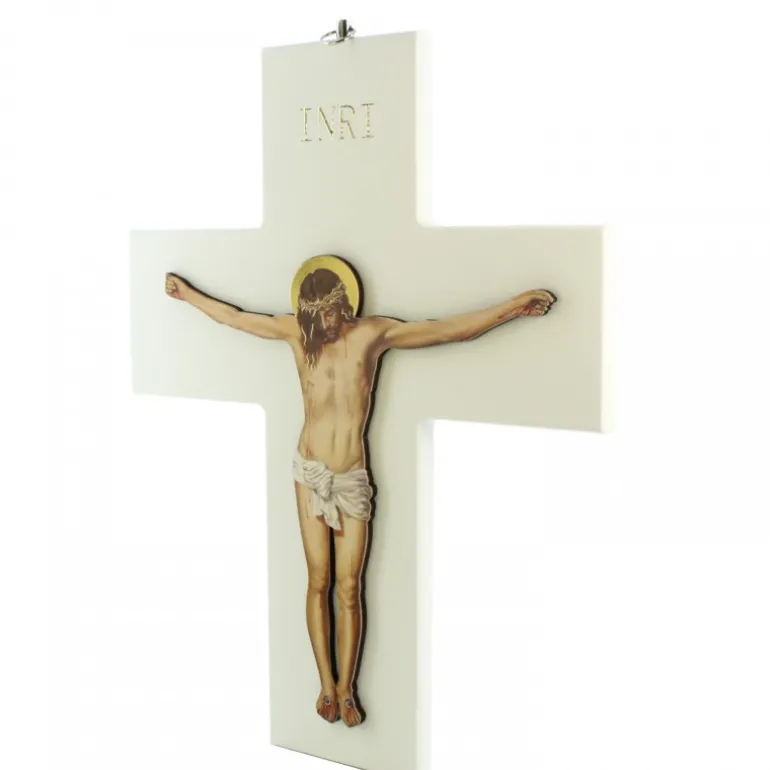 Palais du Rosaire Croix blanche en bois avec image réaliste du Christ 24x9cm^ Croix Religieuse