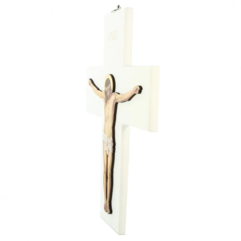Palais du Rosaire Croix blanche en bois avec image réaliste du Christ 24x9cm^ Croix Religieuse
