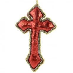 Palais du Rosaire Croix brodée rouge avec strass et sequins à suspendre^ Croix Religieuse
