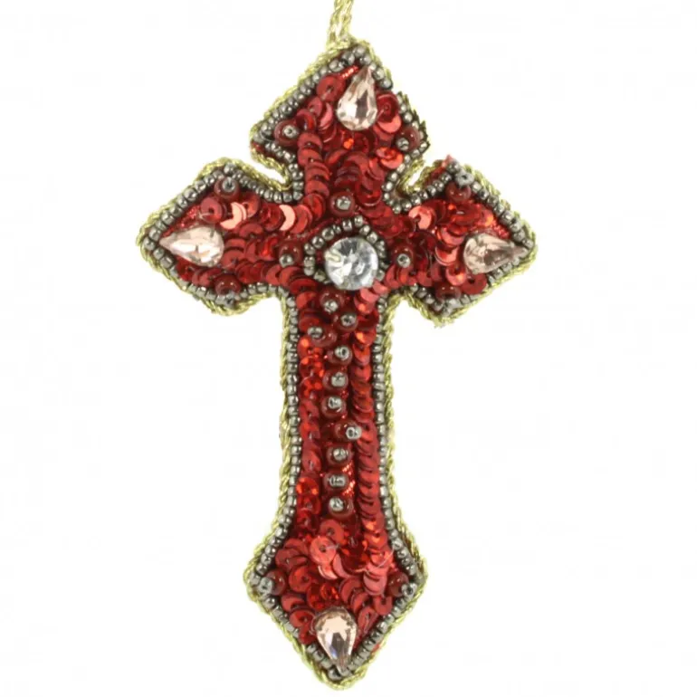 Palais du Rosaire Croix brodée rouge avec strass et sequins à suspendre^ Croix Religieuse