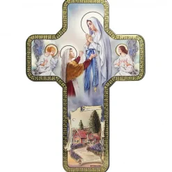 Palais du Rosaire Croix décorative de l'Apparition de Lourdes avec des anges 18x12cm^ Croix Religieuse