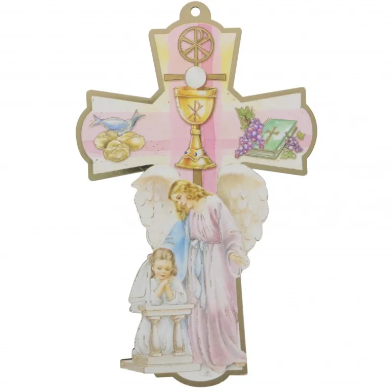 Palais du Rosaire Croix de Communion rose en bois décoré^ Communion | Croix Religieuse