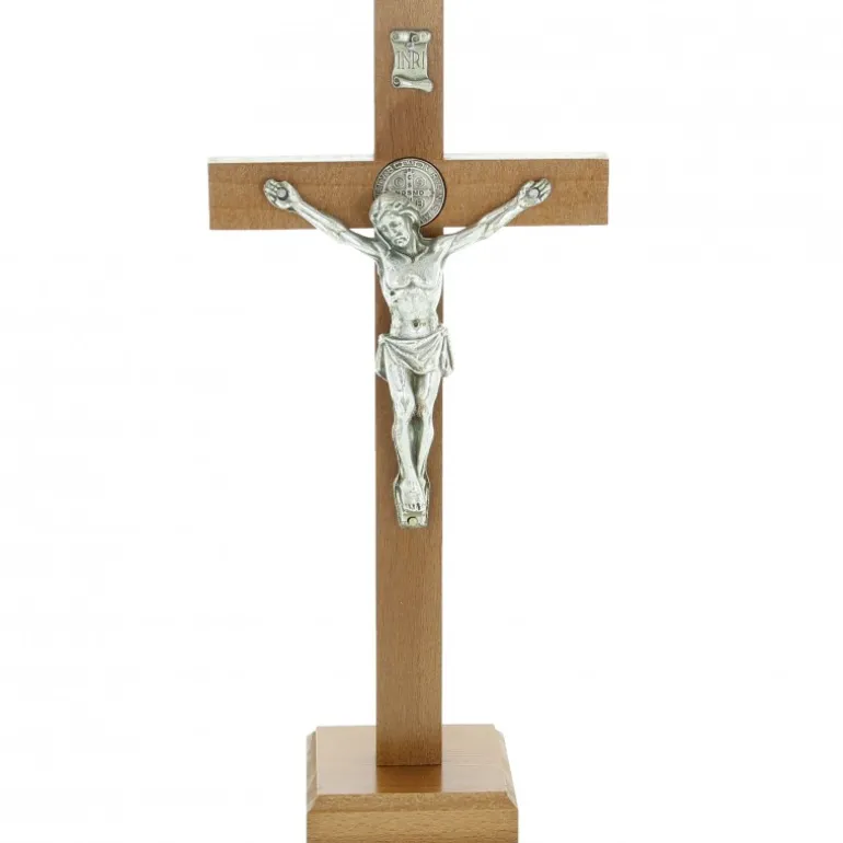 Palais du Rosaire Croix de Saint Benoit de 26cm sur pied en bois et Christ argenté^ Crucifix Bois