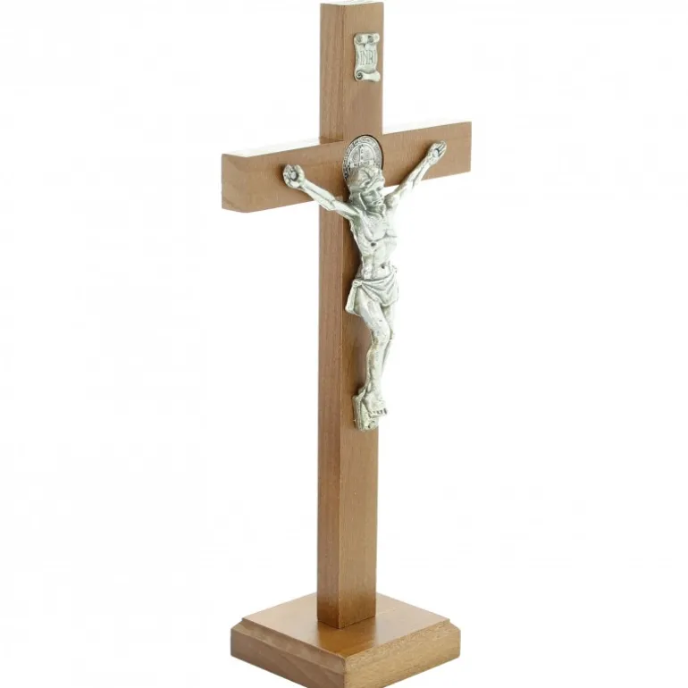 Palais du Rosaire Croix de Saint Benoit de 26cm sur pied en bois et Christ argenté^ Crucifix Bois