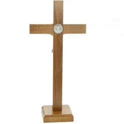 Palais du Rosaire Croix de Saint Benoit de 26cm sur pied en bois et Christ argenté^ Crucifix Bois
