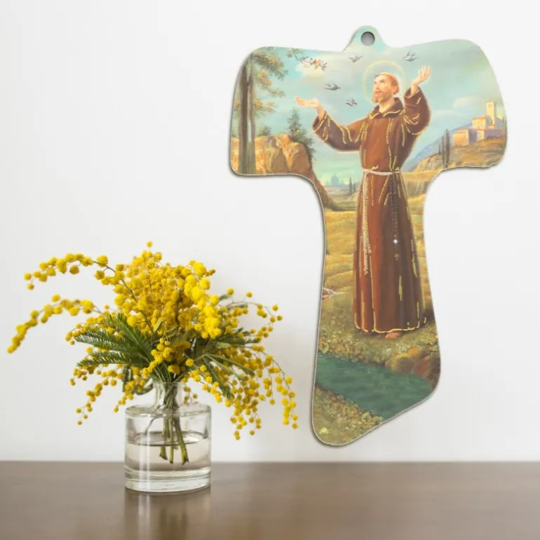 Palais du Rosaire Croix de Saint François en bois avec illustration^ Croix Religieuse