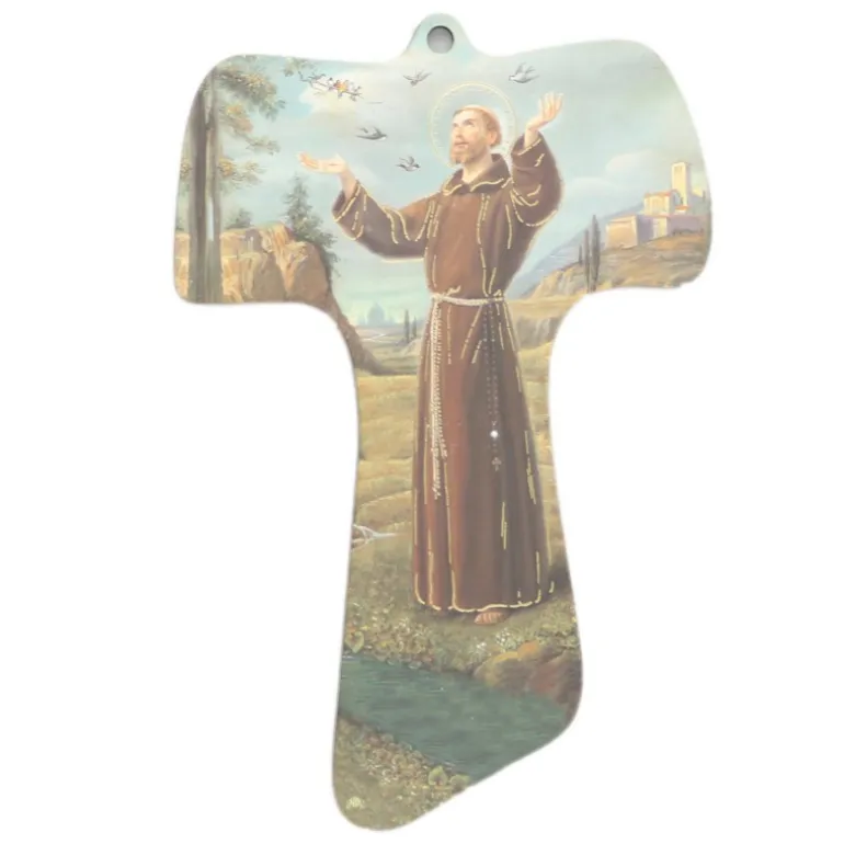 Palais du Rosaire Croix de Saint François en bois avec illustration^ Croix Religieuse