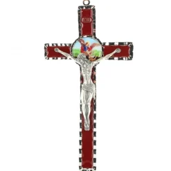 Palais du Rosaire Croix de Saint Michel en métal et fond rouge 10x18cm^ Médaille Et Croix Métal | Crucifix Métal