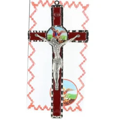 Palais du Rosaire Croix de Saint Michel en métal et fond rouge 10x18cm^ Médaille Et Croix Métal | Crucifix Métal