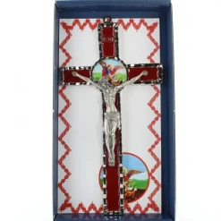 Palais du Rosaire Croix de Saint Michel en métal et fond rouge 10x18cm^ Médaille Et Croix Métal | Crucifix Métal