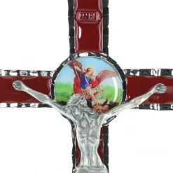 Palais du Rosaire Croix de Saint Michel en métal et fond rouge 10x18cm^ Médaille Et Croix Métal | Crucifix Métal