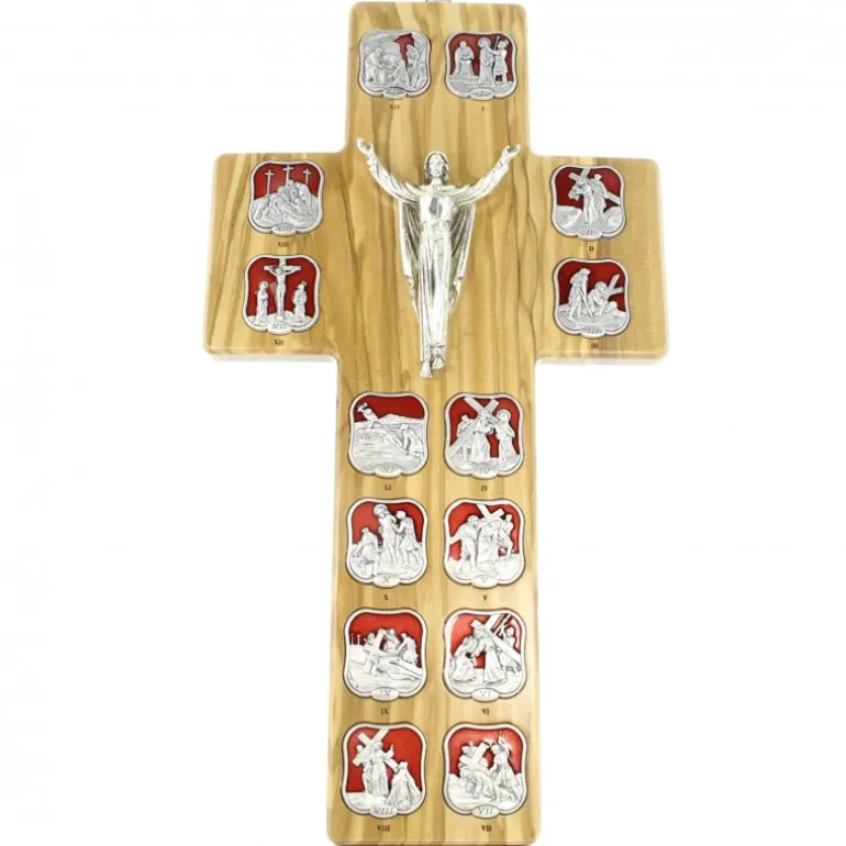 Palais du Rosaire Croix des 14 stations du chemin de croix en bois d'olivier 32cm^ Croix Religieuse