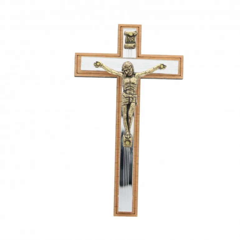 Palais du Rosaire Croix du Christ en bronze et en bois sur fond miroir 12cm^ Crucifix Bois | Crucifix Métal