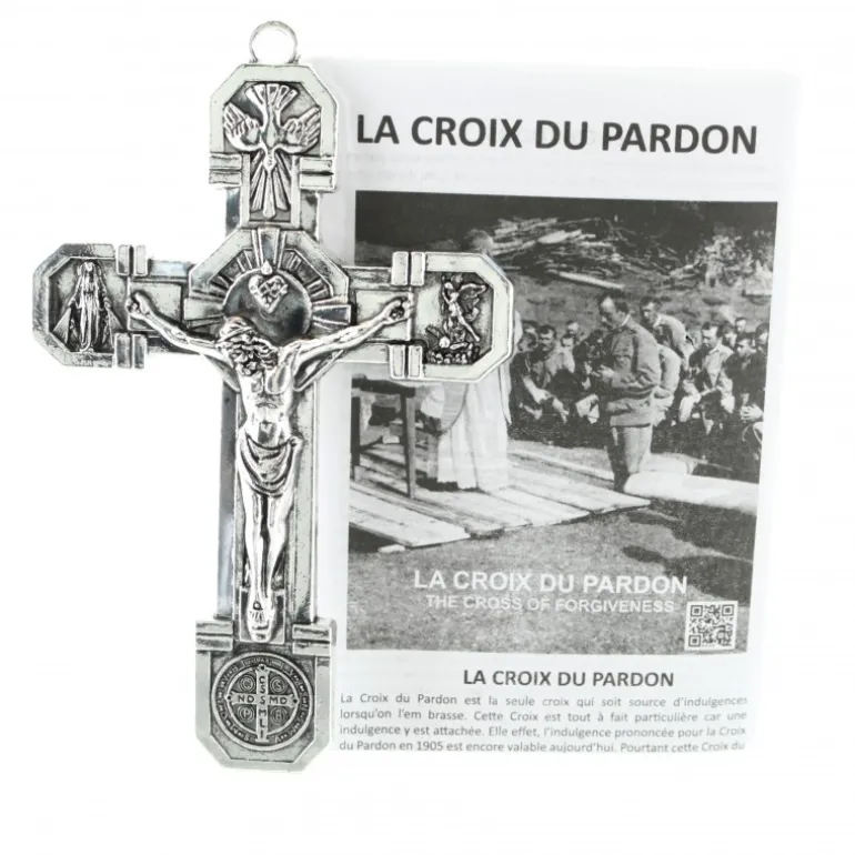 Palais du Rosaire Croix du Pardon en métal argenté 11x7cm avec livret francais et anglais^ Médaille Et Croix Métal | Croix Religieuse