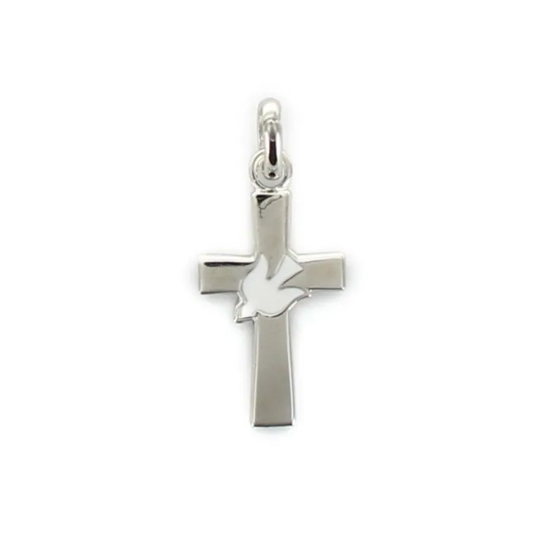 Palais du Rosaire Croix en argent avec colombe blanche incrustée de 1,5 cm^ Croix En Pendentif | Médaille Et Croix Argent