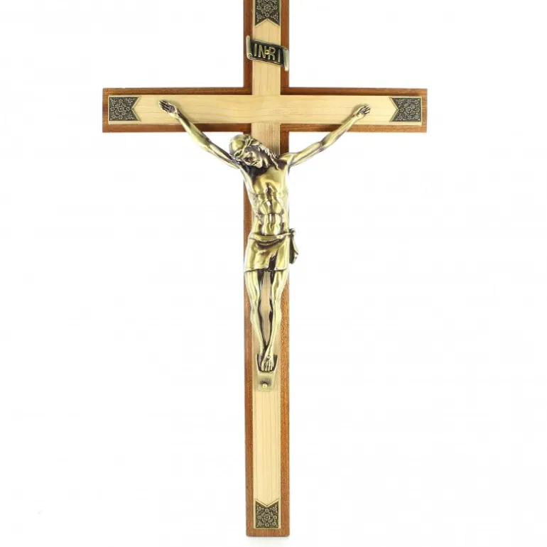 Palais du Rosaire Croix en bois bi-colore avec Christ couleur bronze 45cm^ Crucifix Bois | Crucifix Métal
