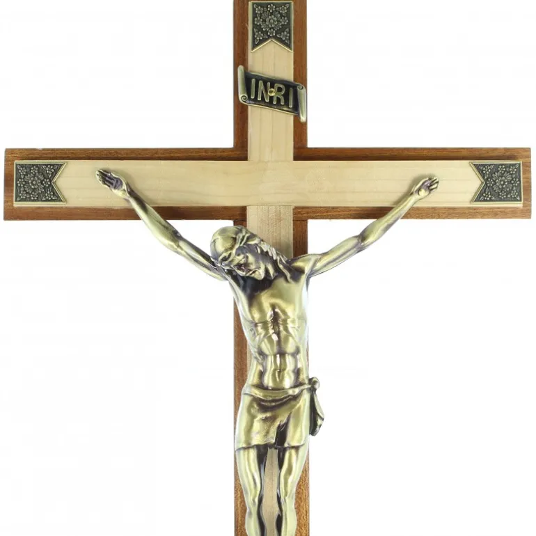 Palais du Rosaire Croix en bois bi-colore avec Christ couleur bronze 45cm^ Crucifix Bois | Crucifix Métal
