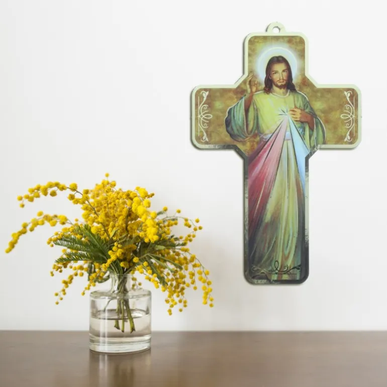 Palais du Rosaire Croix en bois de Jésus Miséricordieux 18 cm^ Croix Religieuse